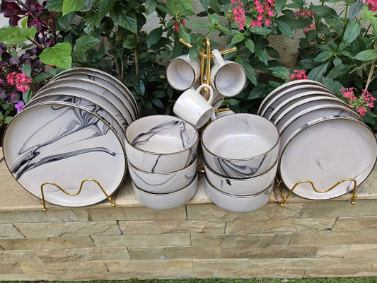 24 Piece Ceramic Round Marbled Dinner Set