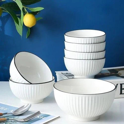 High Quality 5 Inch White Ceramic Soup Bowls with Black Rim | Set of 6 | Elegant White with Black Rim