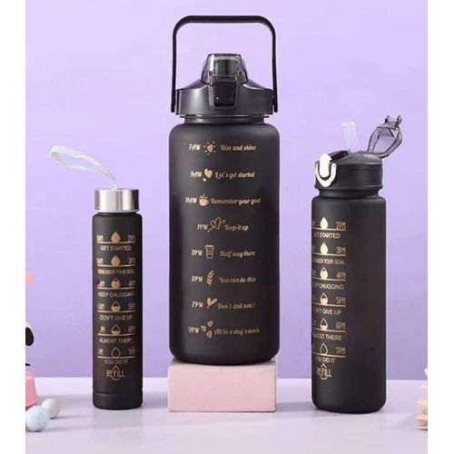 3pcs Motivational Water Bottle with Straw Time Marker,Sipper, Protin,Portable Water Cups for Sports, Fitness,2000ML 900ML 400ML(Black,Pack of 3)