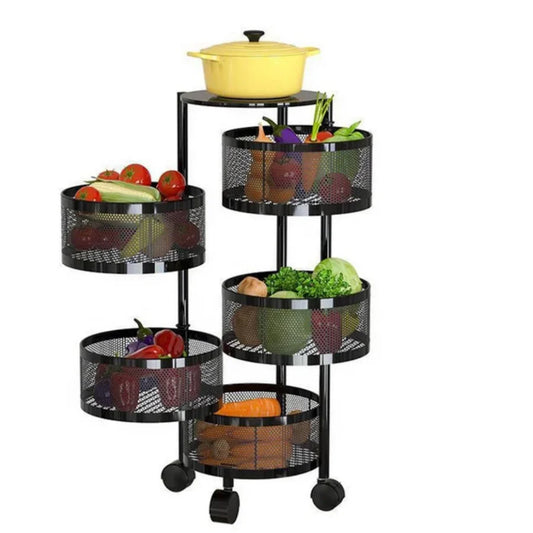 Round Fruit Rack with Wheels 5 Tier Mobile Storage Organizer
