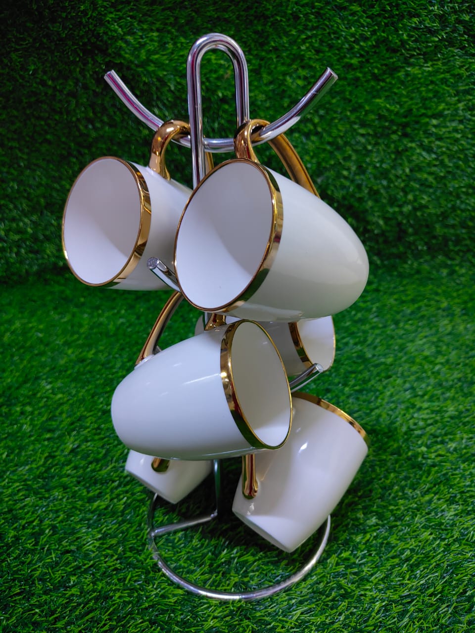 6pc White Mugs with gold rim