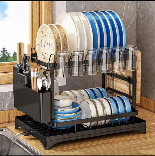 2Tier Kitchen Dish Rack with Drain Tray Large Capacity Countertop Organizer with Utensil Holder, Chopsticks & Cup Drain Rack (Plastic|Metal|Iron)