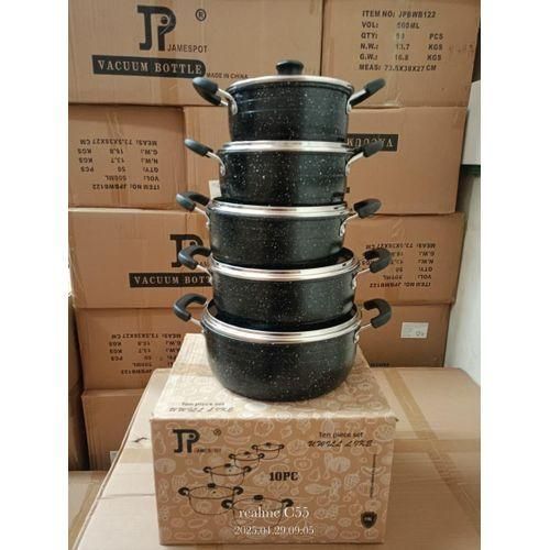 Jamespot 10 Pieces Non-Stick Granite Pot Set -5pcs pots +5pcs lids- Cookware Set Cooking Sufurias with Glass Lids. Sizes 16/18/20/22/24cm.