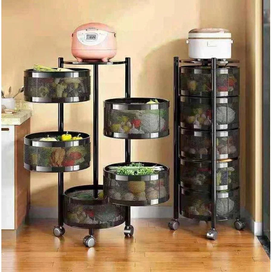 Round Fruit Rack with Wheels 5 Tier Mobile Storage Organizer
