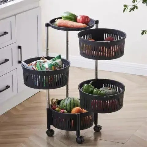 4-Tier Multifunction Metal Round Rotating Trolley Storage Rack Organizer Baskets, Black
